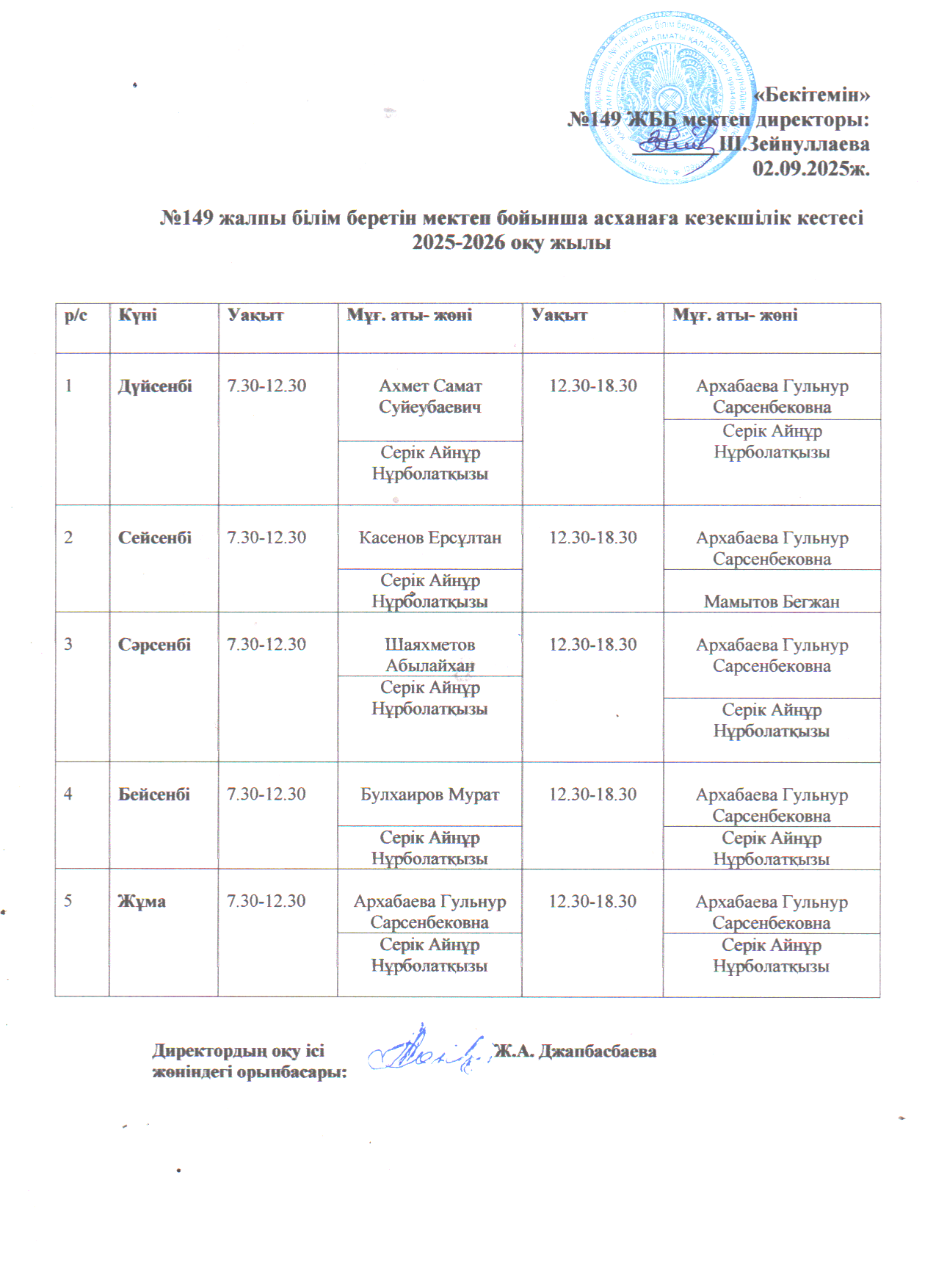 Асхана кезекшілік кестесі